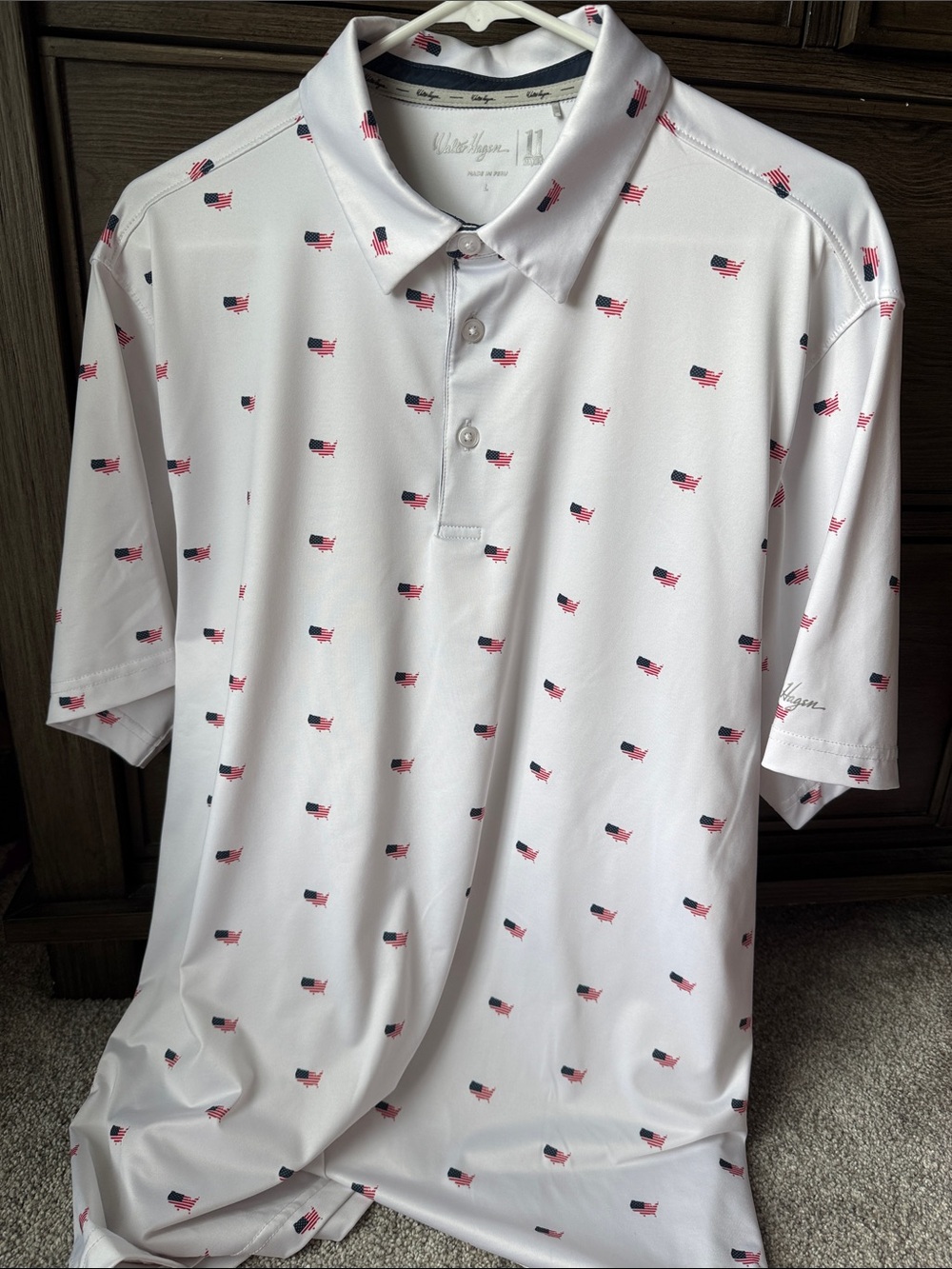 Walter Hagen White Short-Sleeve Polo with Red & Navy Flag Print